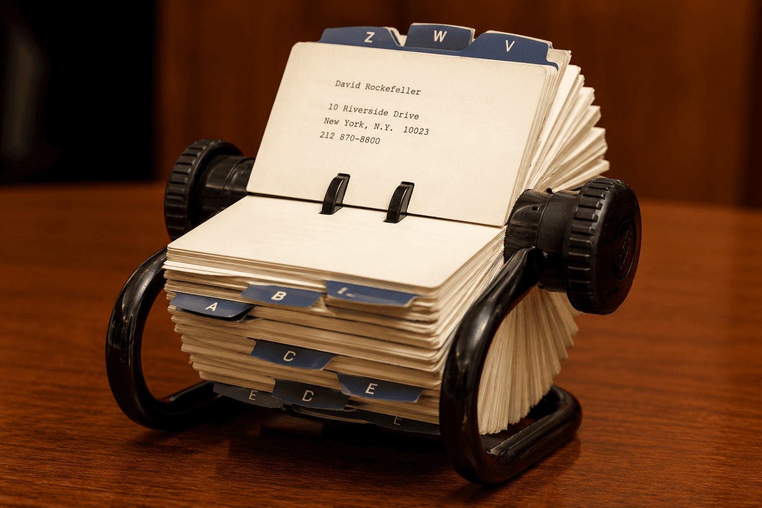A vintage Rolodex card-file on a wooden desk, with a typewritten card showing a contact's address.